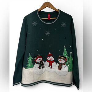 Kitschy Holiday Snowman Appliqué Knit Sweater Forest Green XL